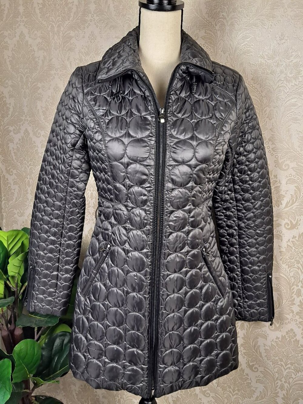 Laundry by Shelli Segal Size Small Black Puffer Coat Mid-Length Zip Front Pocket - Picture 11 of 15